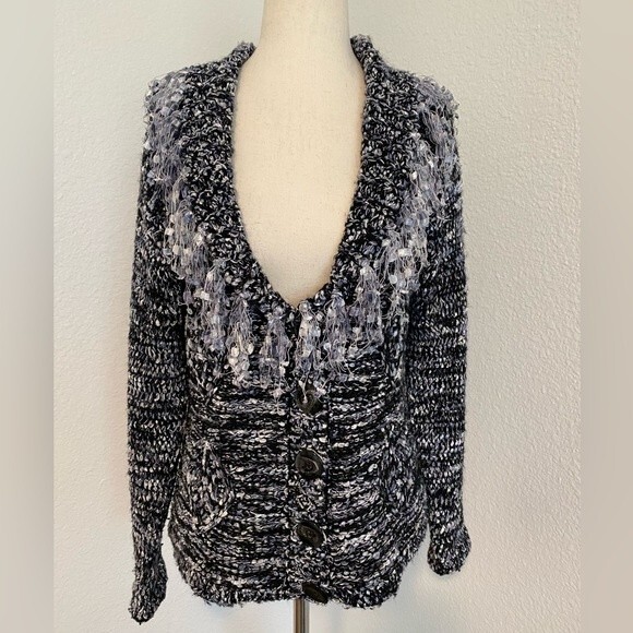 Jeune Jeunessee wool blend designer silver black sweater fringe ribbon detail S - Picture 1 of 10